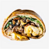Juan-A-Veggie Breakfast Burrito · Two scrambled eggs, sautéed mushrooms, spinach, grilled onions, diced tomato, avocado, and c...
