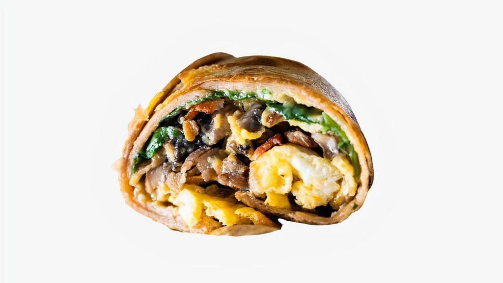 Juan-A-Veggie Breakfast Burrito · Two scrambled eggs, sautéed mushrooms, spinach, grilled onions, diced tomato, avocado, and cheese wrapped in a flour tortilla.