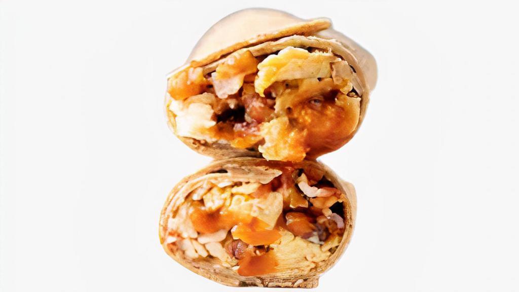 Juan-A-Bacon BBQ Breakfast Burrito · Two scrambled eggs, breakfast potatoes, crispy bacon, BBQ sauce, grilled onions, and cheese wrapped in a flour tortilla.