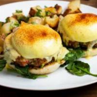 Crab Cake Florentine · 2 poached eggs, spinach, crab cake on an English muffin, topped with hollandaise sauce, and ...