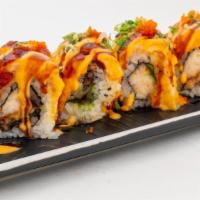 Lion King Roll · Snow crab, avocado and eel with salmon baked with chef's special sauce.