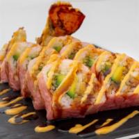 Lobster Tempura Roll · Lobster tempura, cucumber, avocado, masago wrapped by soy paper, topped with spicy mayo and ...