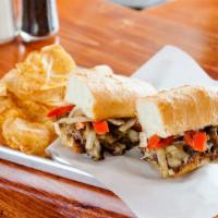 Cheese Steak Sandwich · Ribeye, bell pepper, caramelized onions, mushrooms, mayonnaise and provolone.