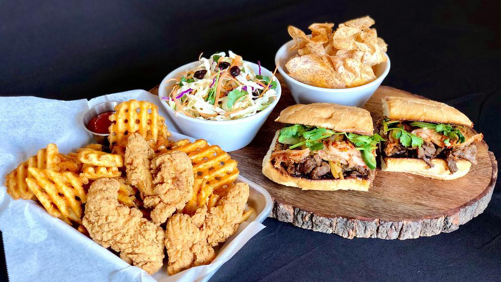 Feast for 2 · Kimchi Wagyu Sandwich, Chicken Tenders, French Fries, Coleslaw, and Home-made Taro Chips
