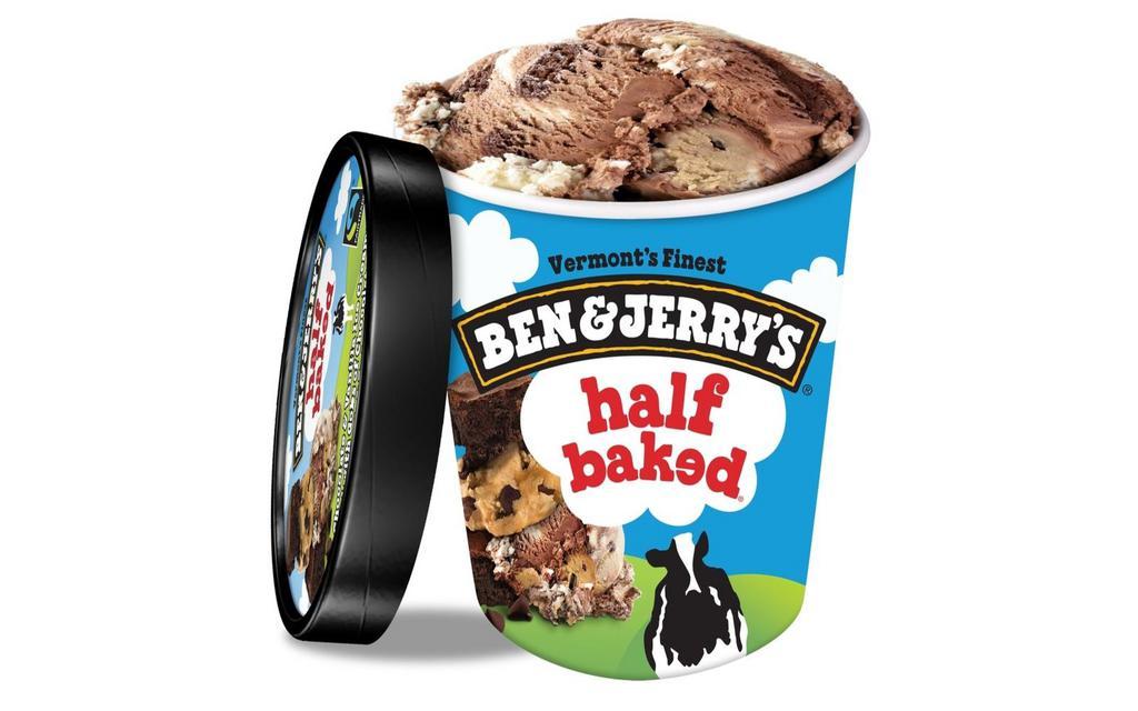 Ben & Jerry'S Half Baked · A delectable dance of Chocolate Chip Cookie Dough and Chocolate Fudge Brownie. Vanilla ice cream and chocolate ice cream with chunks of cookie dough and fudge browniesits hard to imagine a better combination. 16oz