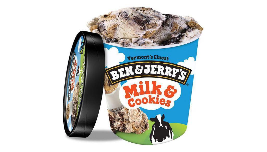 Ben & Jerry'S Milk & Cookies · Vanilla ice cream with a chocolate cookie swirl, chocolate chip, and chocolate chip cookies. Cookie madness, mixed with vanilla ice cream — has your inner cookie monster exploded with joy yet? 16oz