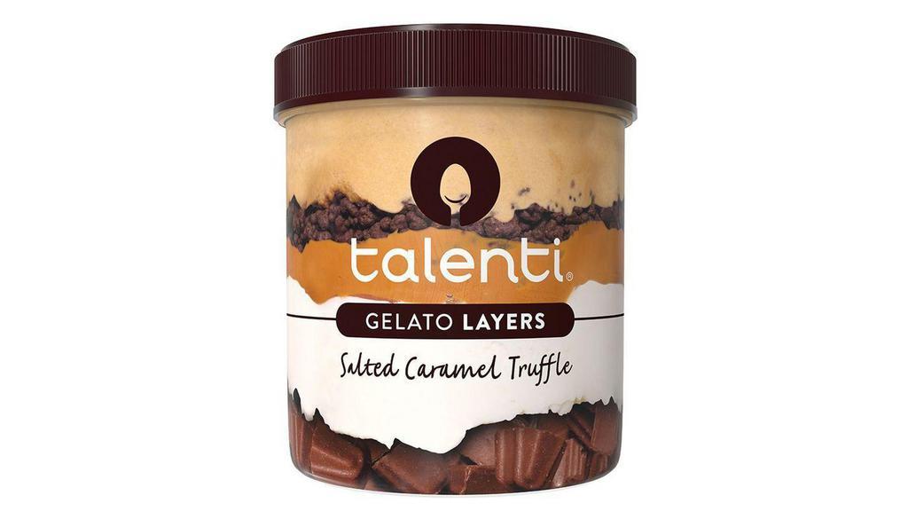 Talenti Layers Salted Caramel Truffle · Our Salted Caramel Truffle is an ode to our best-selling
Sea Salt Caramel Gelato. We started with a layer of our Sea Salt Caramel,
added a layer of chocolatey cookies for a delicious crunch and created a
third layer with our dulce de leche, added more Sea Salt Gelato and finally
finished with a fifth layer of chocolatey caramel truffles