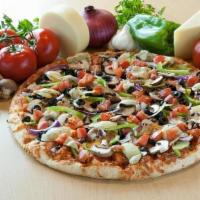 Classic Veggie Master Pizza · Made with tomatoes, bell peppers, onions, mushrooms, artichoke hearts, olives, with red sauce.