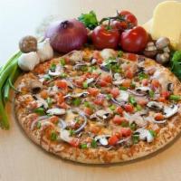 Garlicky Chicken Master Pizza · Chicken breast, garlic, mushrooms, tomatoes, red onions, and white sauce.