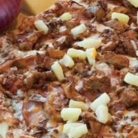 Aloha Chicken Master Pizza · Grilled chicken breast, ham, pineapple, bacon, BBQ sauce, and red sauce.
