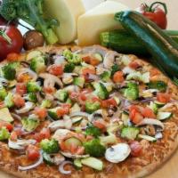 California Veggie Master Pizza · Mushrooms, onions, tomatoes, broccoli, zucchini, spices, and white sauce.