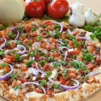 Chicken Bacon Ranch Master Pizza · Chicken breast, bacon, red onions, fresh tomatoes, cheese, and white sauce.