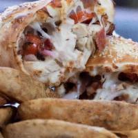 Chicken Bacon Ranch Hot Hat · Grilled chicken breast, bacon, red onions, tomatoes, ranch dressing, and cheese. Comes with ...