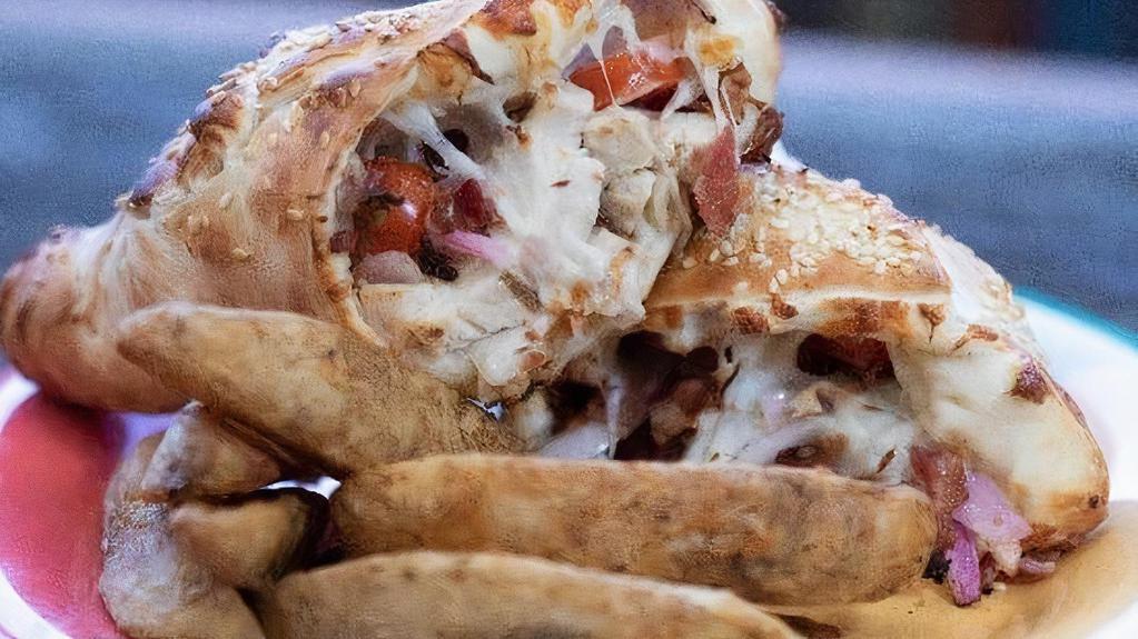 Chicken Bacon Ranch Hot Hat · Grilled chicken breast, bacon, red onions, tomatoes, ranch dressing, and cheese. Comes with potato wedges.