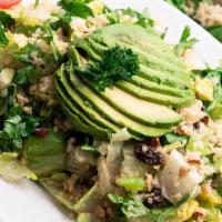Quinoa Salad · Organic quinoa, romaine, baby arugula, almonds, raisins, tomatoes, and avocado with vinaigre...