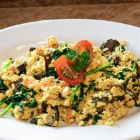 Tofu Scramble · Organic tofu, tomatoes, mushrooms, onions, spinach. Served with side of soup