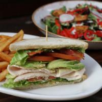 1/2 Sandwich & Salad · grilled cheese, club or walnut chicken salad sandwich, fries + a caesar, wedge, baby greens ...