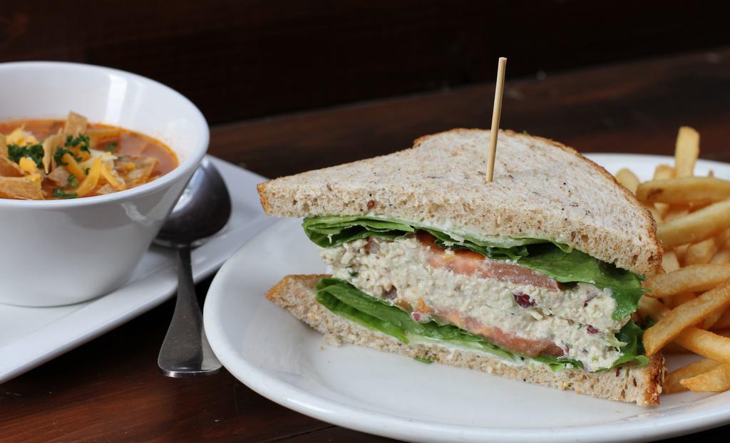 1/2 Sandwich & Soup · grilled cheese, club or walnut chicken salad sandwich, fries + a cup of soup [1560-2010 cal].
