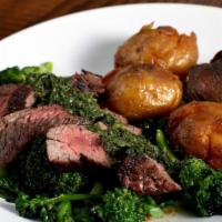 Steak · Marin Sun Farms grass-fed steak, fried carola potatoes, mushrooms, broccoli di ciccio, cherm...