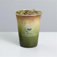 Coffee Matcha Latte · Iced matcha latte topped with a shot of coffee.