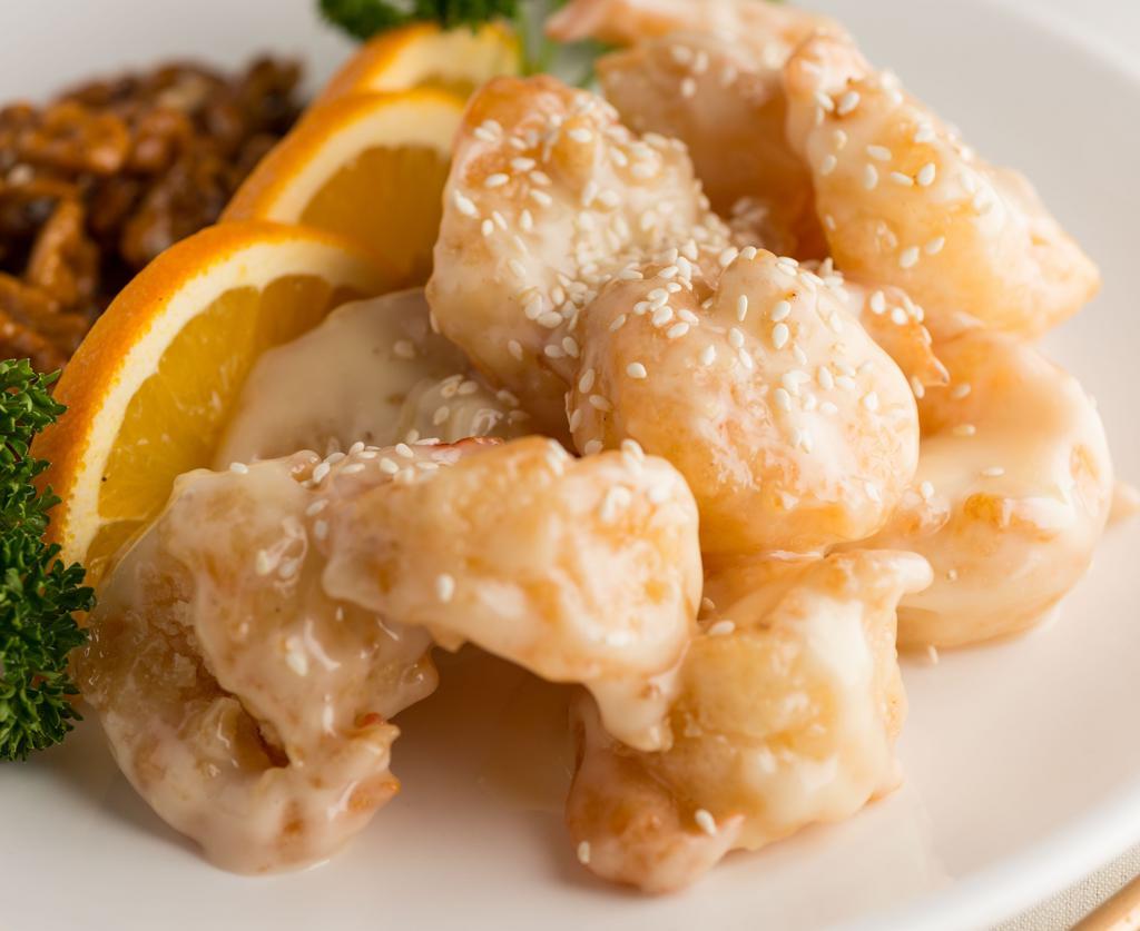 Honey Walnut Prawns · Lightly cream sauce, prawns crispy with honey glazed walnuts.