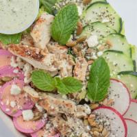 Supergreen Godess Salad · Super Greens, Chicken, Avocado, Radish, Pickled Egg, Cucumber, Green Goddess Dressing, Feta ...