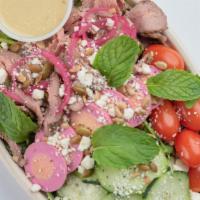 Mighty Med Salad · Super Greens, Steak, Grape Tomatoes, Pickled Egg, Cucumber, Pickled Red Onion, Lemon Tahini ...
