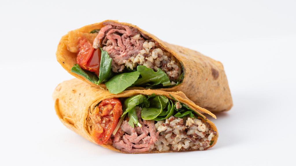 Chimichurri Steak Wrap · Steak, Super Greens, Grain Blend, Roasted Tomato, Chimichurri, Vegan Garlic Aioli, Sunflower Seeds, Tomato Tortilla