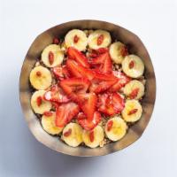 Vitality Bowl · Base blend: organic açaí, vb blend, bananas, strawberries, flax seed. Toppings: organic gran...