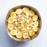 Nutty Bowl · Base blend: organic acai, almond milk, apple juice, peanut butter, bananas, strawberries, fl...