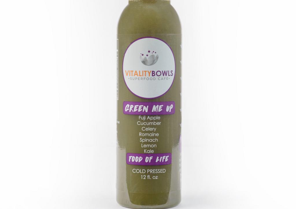 Green Me Up Cold Pressed · Cold Pressed Fuji Apple, Cucumber, Celery, Romaine, Spinach, Kale, Lemon (12oz)