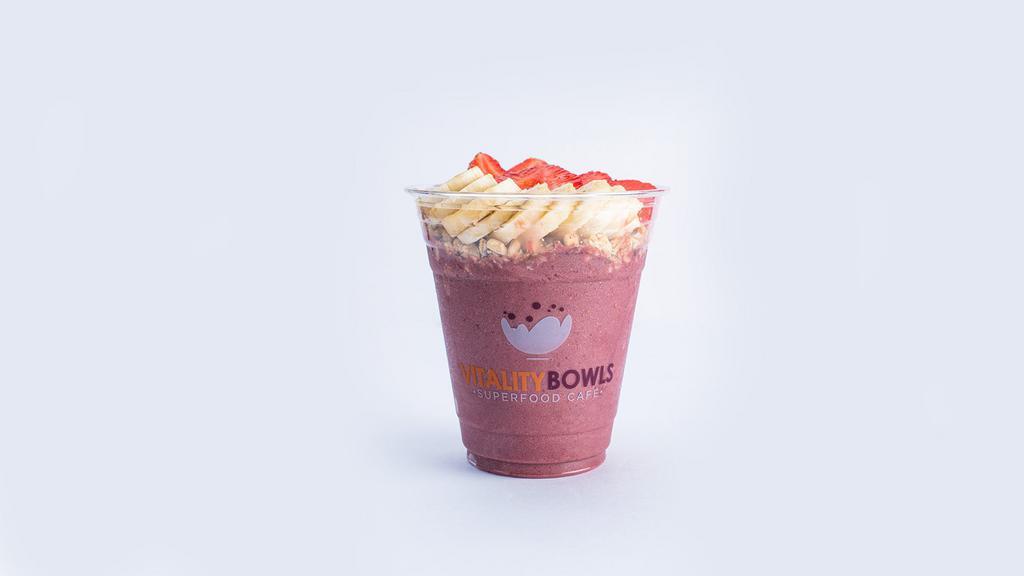 Kids' Bowl (14Oz) · 220 cal. Base: organic açaí, banana, strawberries, apple juice. Toppings: organic granola, sliced banana, strawberries.
