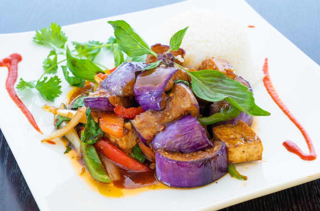 V2. Basil Eggplant Tofu with Rice · Eggplant with tofu in special basil sauce.