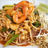 F7. Pad Thai · Famous Thai noodles dish, stir-fried with eggs, chicken, shrimp, sprinkled with ground peanu...
