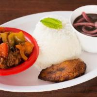 Cuban Shredded Beef Stew - Ropa Vieja · 1/2 lb of saucy, braised shredded flank steak served with your choice of two sides, please s...