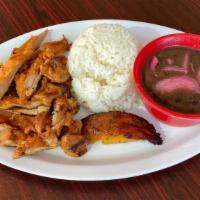 Smoky Chicken - Pollo Pimentón · 1/2 lb of smoky paprika chicken thigh served with your choice of two sides, please select fr...