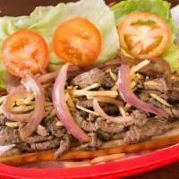 Classic Bistec S'wich · lettuce, tomato, GTMO, grilled onions & our garlic-lime bistec