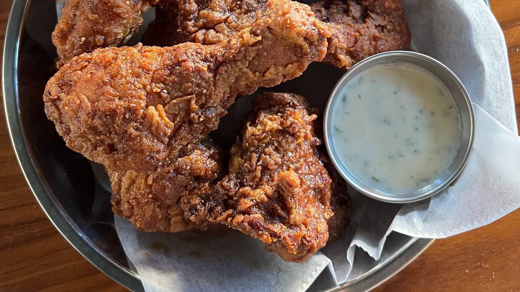 Violet’s Fried Chicken (3-Pieces)  · 3 Pieces of Mary's Free Range Chicken:
Cornmeal Battered  Legs, Thighs & Wings, Housemade Ranch