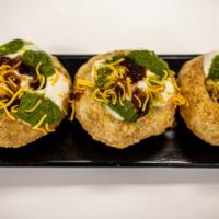 Dahi Sev Puri (8) · Stuffed semolina shells with potatoes, black chickpeas and spicy water with fried chickpeas ...