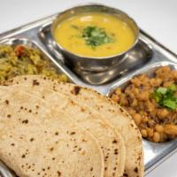 Mini Thali · Includes 3 rotis, daal, rice and one curry