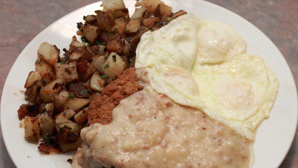 Chicken Fried Steak & Eggs · 6 oz skirt steak breaded and fried, country gravy 2 eggs any style choice of toast and served with hashbrowns