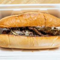 Teri-Cheese Steak · Grilled onion and mushroom, mayo, Jack cheese on French roll.
