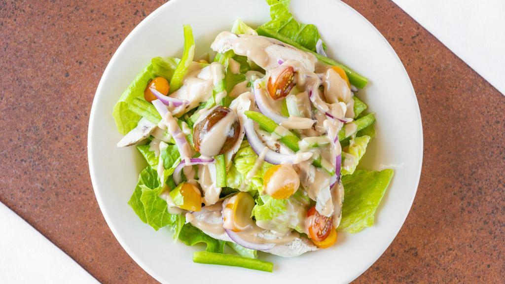 GREEN SALAD WITH CHICKEN · crisp romaine, tomato, red onion, green pepper served with a tangy mustard Italian dressing.