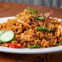 Spicy Fried Rice** · Medium Spicy. Egg, green beans, bell peppers, onions, chili, basil, garlic.