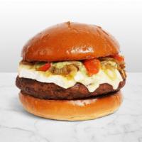 The Italian Burger · Beef patty with roasted red peppers, caramelzied onions, melted mozzarella cheese, and a pes...