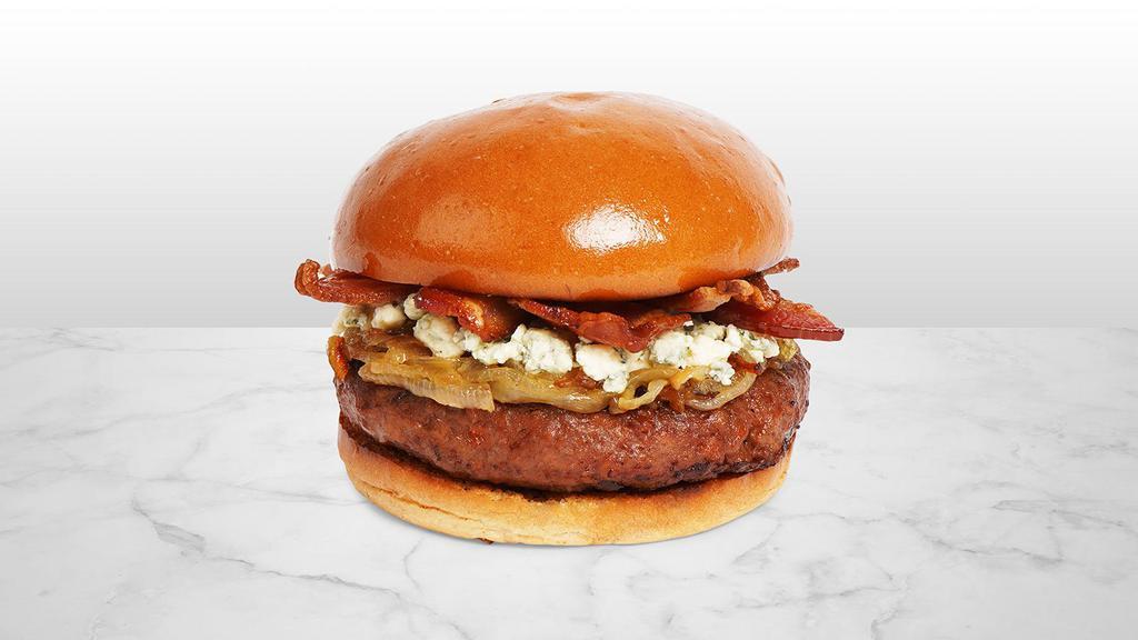 The Moody Blues Burger · Beef patty with crisp bacon, caramelized onions, spicy mayo, and blue cheese crumbles on a fluffy brioche bun.