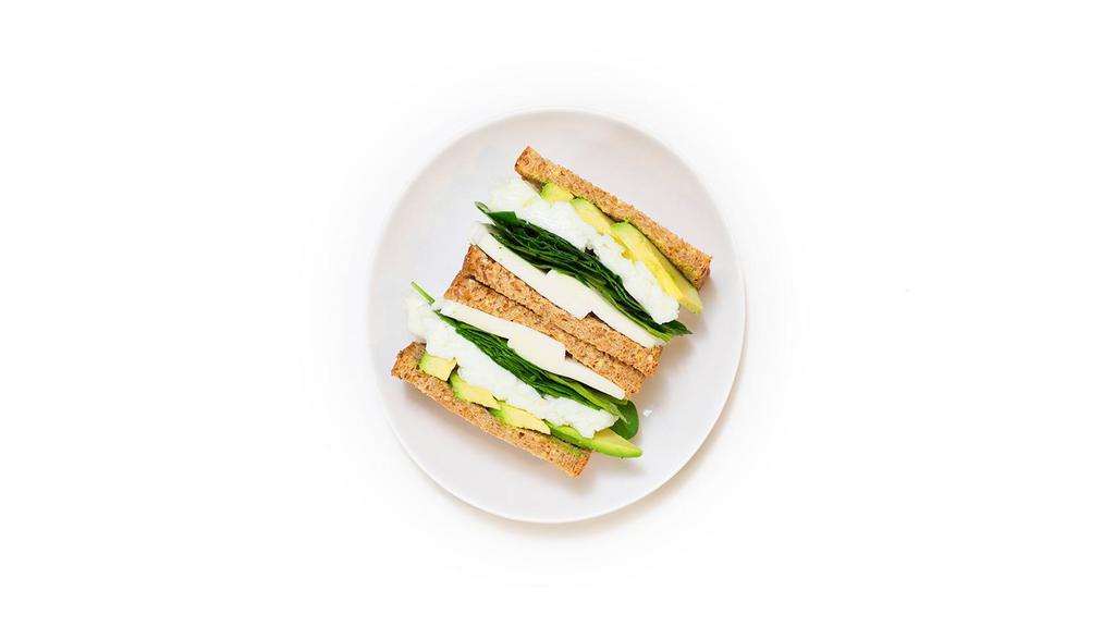 Breakfast Sandwich · Egg whites with spinach, mozzarella, and avocado between two slices of whole wheat toast.