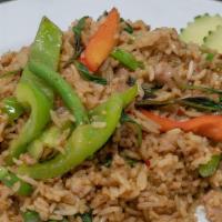 S4. Basil Fried Rice · Choice of ground meat-choice chicken, or , pork, or beef, beef. Stir-fried with rice, basil,...