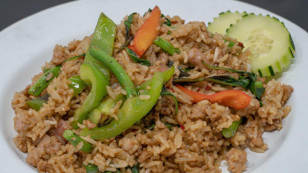 S4. Basil Fried Rice · Choice of ground meat-choice chicken, or , pork, or beef, beef. Stir-fried with rice, basil, bell peppers, and Thai chili. Spicy.
