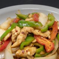 21. Pad Prik Sod · Choice of meat-chicken, beef, or pork. Sautéed with bell peppers, onions and Thai chili.